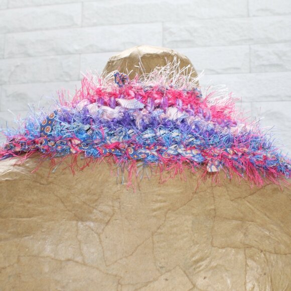 HAND CRAFTED Scarf Upcycled Crochet Infinity Oversized Fuzzy Necktie Pink Stripe - Picture 4 of 12